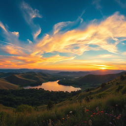 a wide, panoramic scene that is perfect for a computer wallpaper, showcasing a serene landscape with rolling hills, a vibrant sunset casting golden hues across the sky, and wispy clouds drifting gently above