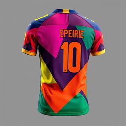 A vibrant and colorful football jersey, featuring a unique and modern design with geometric patterns and team colors