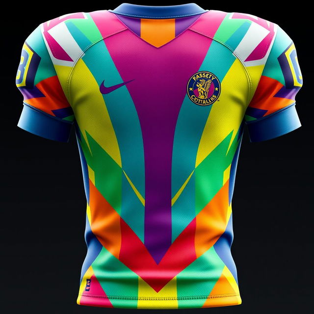 A vibrant and colorful football jersey, featuring a unique and modern design with geometric patterns and team colors