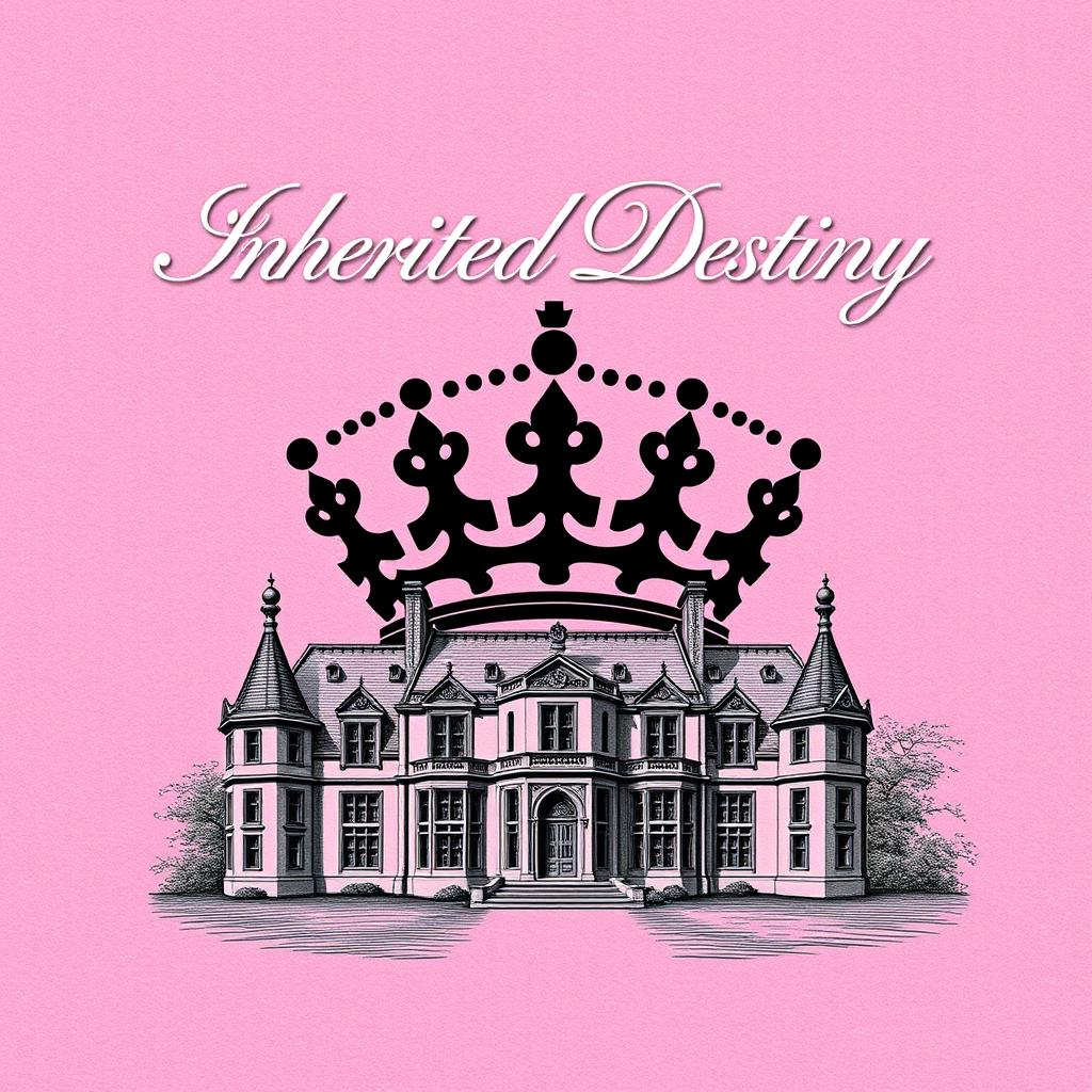 A pink textured background with an intricate engraving of an English manor, showcasing elegant architectural details