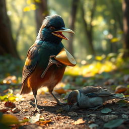 A Myna bird with a sly and joyful expression, carefully placing a golden shell beak onto its own beak