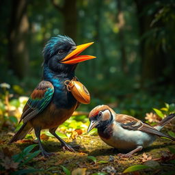 A Myna bird with a sly and joyful expression, carefully placing a golden shell beak onto its own beak