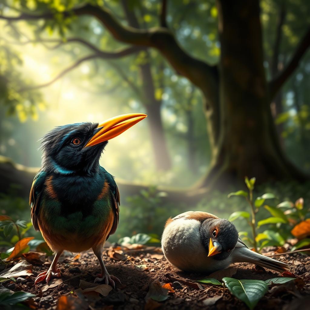 A Myna bird with a sly and joyful expression, carefully placing a golden shell beak onto its own beak