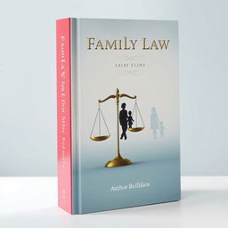 An elegant and symbolic book cover design focused on family law, featuring a balanced scale and a family silhouette in the background