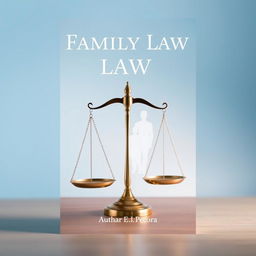 An elegant and symbolic book cover design focused on family law, featuring a balanced scale and a family silhouette in the background