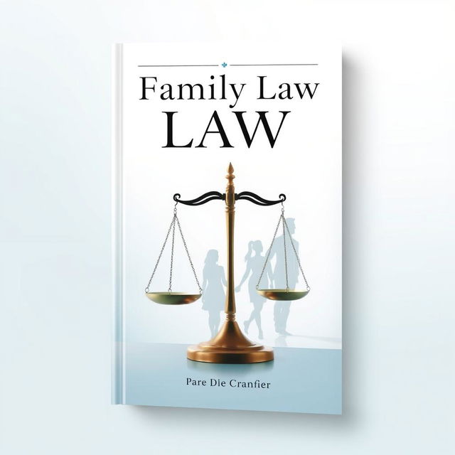 An elegant and symbolic book cover design focused on family law, featuring a balanced scale and a family silhouette in the background