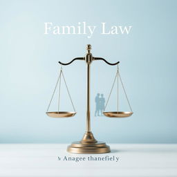 An elegant and symbolic book cover design focused on family law, featuring a balanced scale and a family silhouette in the background