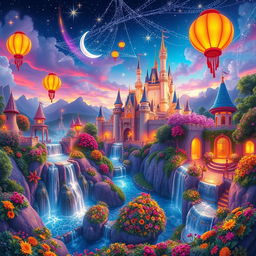 a wide, panoramic view of an enchanting Disney-like fantasy world filled with vibrant colors, magical castles, and whimsical landscapes