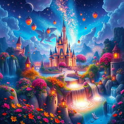 a wide, panoramic view of an enchanting Disney-like fantasy world filled with vibrant colors, magical castles, and whimsical landscapes