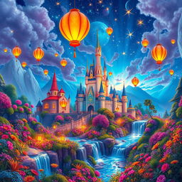 a wide, panoramic view of an enchanting Disney-like fantasy world filled with vibrant colors, magical castles, and whimsical landscapes