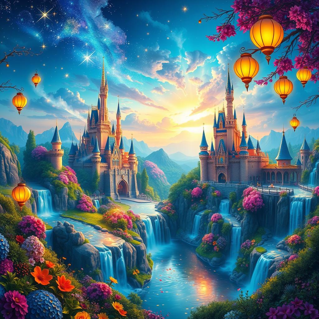 a wide, panoramic view of an enchanting Disney-like fantasy world filled with vibrant colors, magical castles, and whimsical landscapes