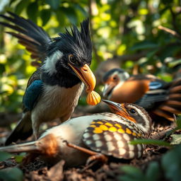 A sly and joyful Myna bird with a golden shell beak, mid-action of taking it off an unconscious Sparrow, and placing it on her own beak