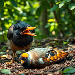 A sly and joyful Myna bird with a golden shell beak, mid-action of taking it off an unconscious Sparrow, and placing it on her own beak