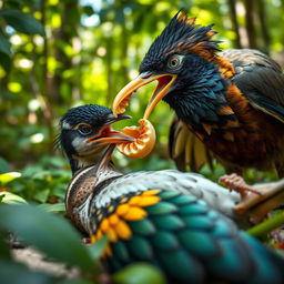 A sly and joyful Myna bird with a golden shell beak, mid-action of taking it off an unconscious Sparrow, and placing it on her own beak