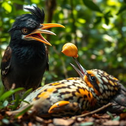 A sly and joyful Myna bird with a golden shell beak, mid-action of taking it off an unconscious Sparrow, and placing it on her own beak