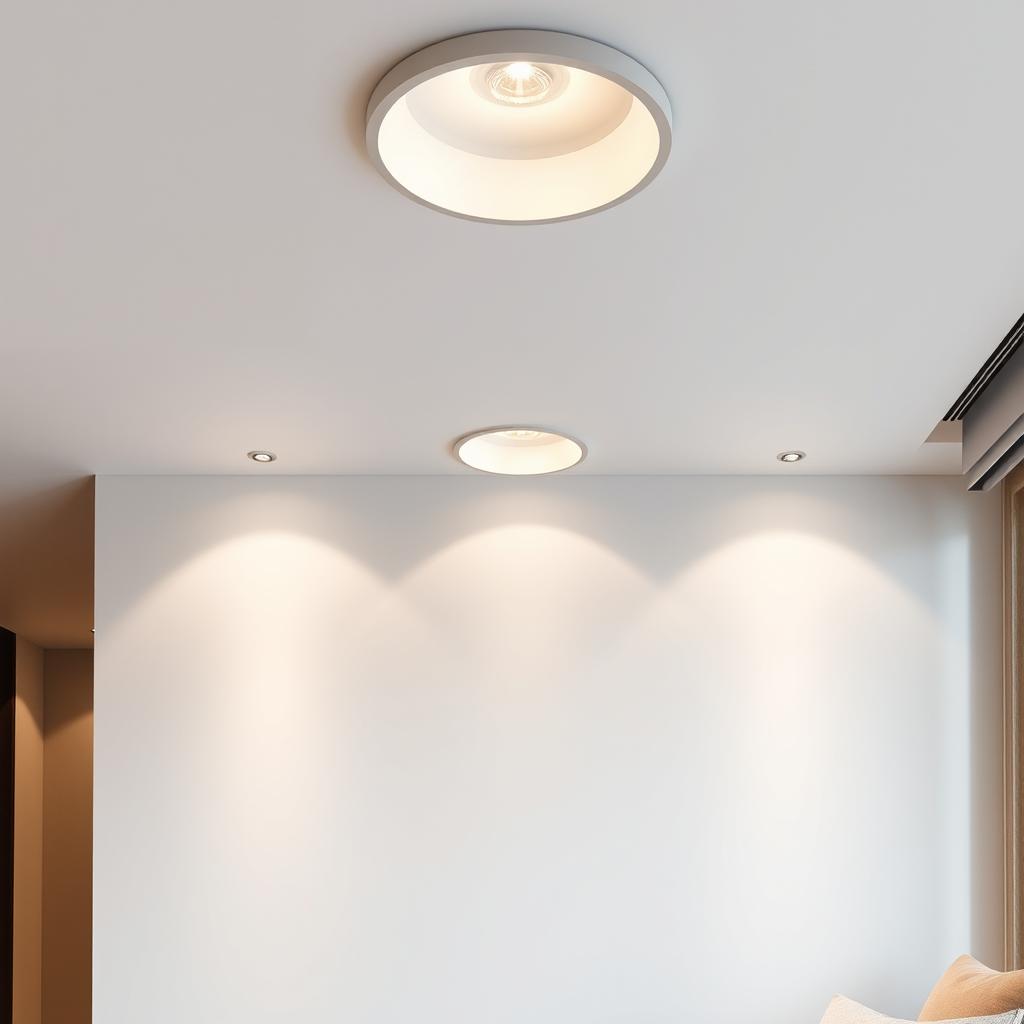 a modern room with three recessed ceiling lights, casting shadows on the wall, minimalist and sleek design, contemporary interior with neutral colors, elegant furniture, soft ambient lighting reflecting on smooth surfaces