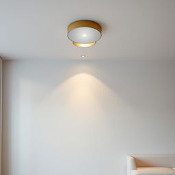 a modern room with three recessed ceiling lights, casting shadows on the wall, minimalist and sleek design, contemporary interior with neutral colors, elegant furniture, soft ambient lighting reflecting on smooth surfaces