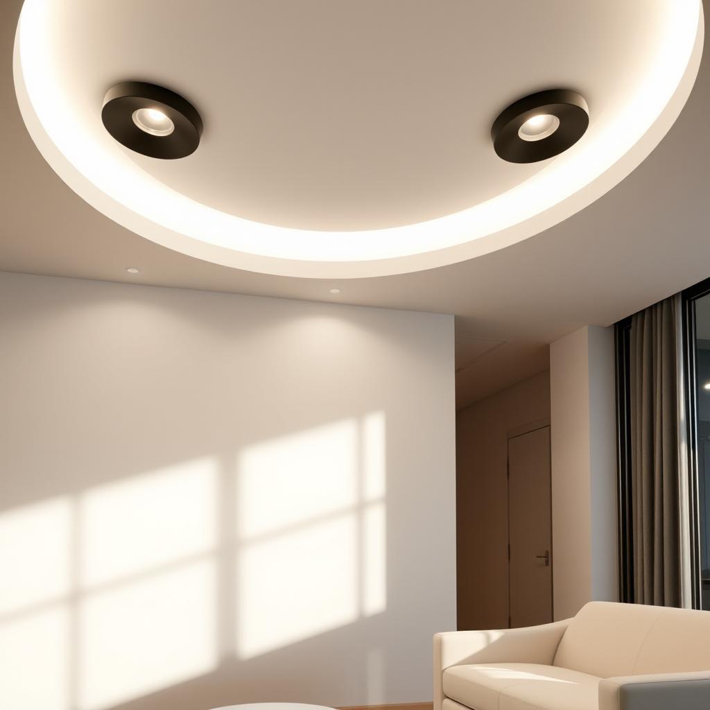 a modern room with three recessed ceiling lights, casting shadows on the wall, minimalist and sleek design, contemporary interior with neutral colors, elegant furniture, soft ambient lighting reflecting on smooth surfaces