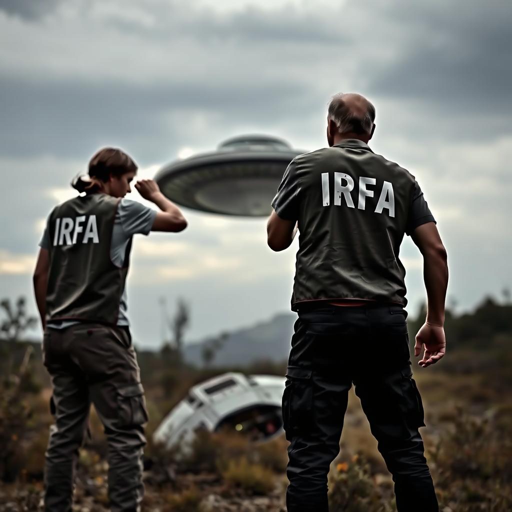 Two investigators analyzing a crashed UFO, wearing t-shirts and investigation vests with "IRFA" written in white letters on the back, pants with pockets