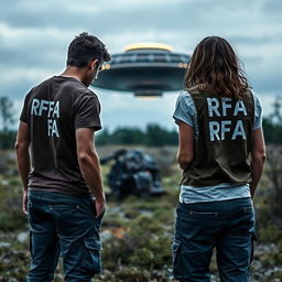 Two investigators analyzing a crashed UFO, wearing t-shirts and investigation vests with "IRFA" written in white letters on the back, pants with pockets