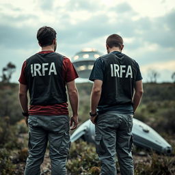 Two investigators analyzing a crashed UFO, wearing t-shirts and investigation vests with "IRFA" written in white letters on the back, pants with pockets