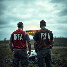 Two investigators analyzing a crashed UFO, wearing t-shirts and investigation vests with "IRFA" written in white letters on the back, pants with pockets