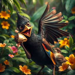 A mischievous myna bird in a lush, vibrant jungle setting, gleefully holding a golden shell beak near her face, which she plans to wear