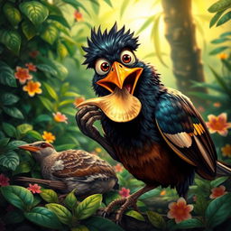 A mischievous myna bird in a lush, vibrant jungle setting, gleefully holding a golden shell beak near her face, which she plans to wear