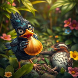 A mischievous myna bird in a lush, vibrant jungle setting, gleefully holding a golden shell beak near her face, which she plans to wear