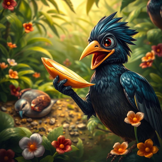 A mischievous myna bird in a lush, vibrant jungle setting, gleefully holding a golden shell beak near her face, which she plans to wear