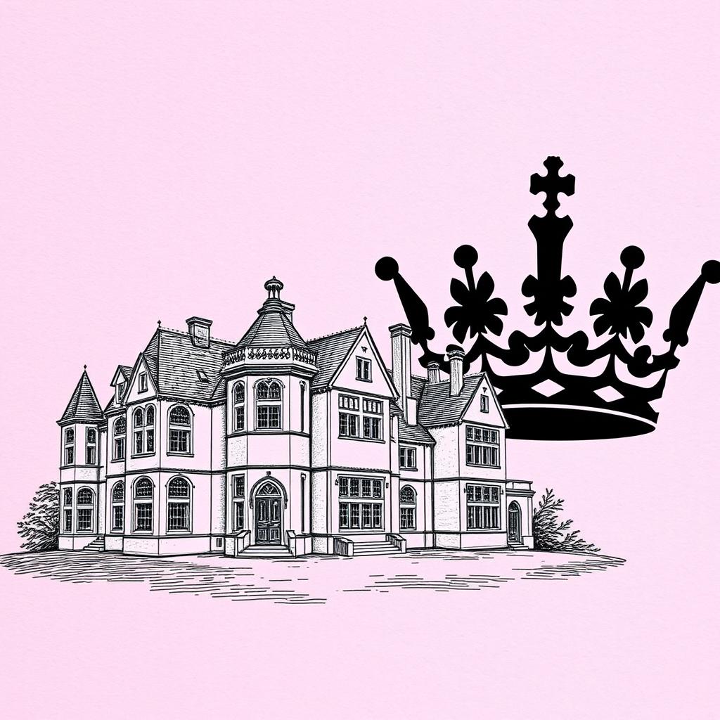 A pink textured background with an intricate engraving of an English manor, showcasing elegant architectural details