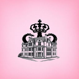 A pink textured background with an intricate engraving of an English manor, showcasing elegant architectural details