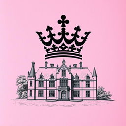 A pink textured background with an intricate engraving of an English manor, showcasing elegant architectural details