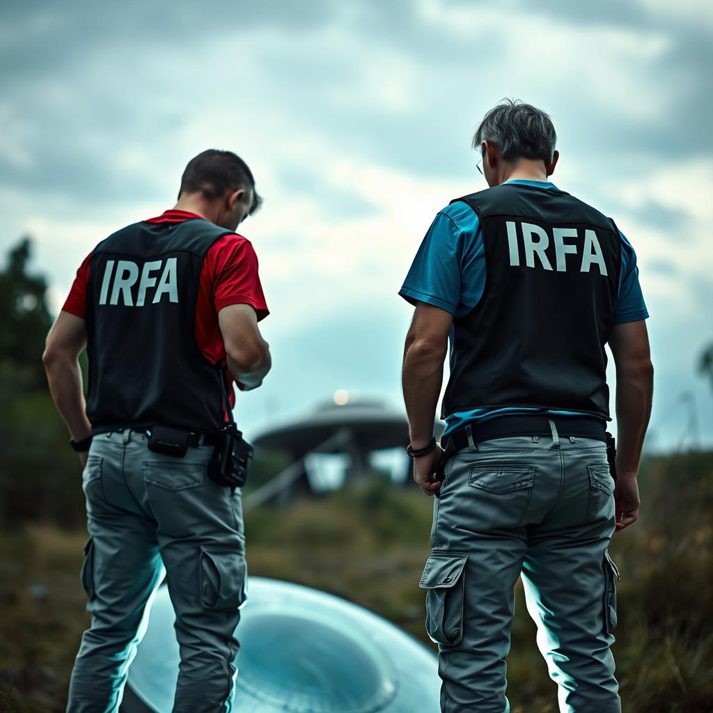 Two investigators analyzing a crashed UFO, wearing t-shirts under investigation vests with "IRFA" written in white letters on the back, pants with pockets, and a communication radio at the waist