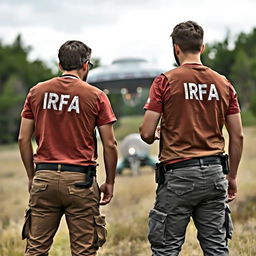 Two investigators analyzing a crashed UFO, wearing t-shirts under investigation vests with "IRFA" written in white letters on the back, pants with pockets, and a communication radio at the waist