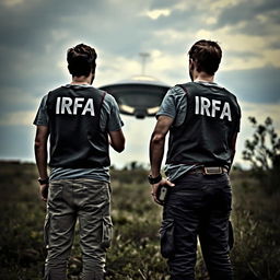 Two investigators analyzing a crashed UFO, wearing t-shirts under investigation vests with "IRFA" written in white letters on the back, pants with pockets, and a communication radio at the waist