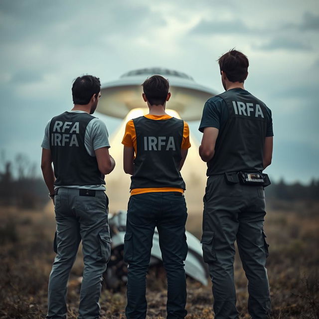 Two investigators analyzing a crashed UFO, wearing t-shirts under investigation vests with "IRFA" written in white letters on the back, pants with pockets, and a communication radio at the waist