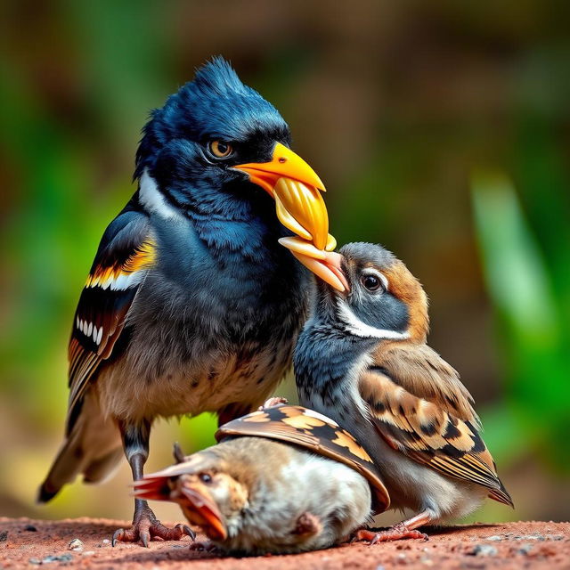 A clever Myna bird, with a mischievous expression, triumphantly removes a shimmering golden shell beak from an unconscious Sparrow