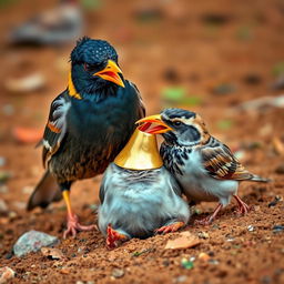 A clever Myna bird, with a mischievous expression, triumphantly removes a shimmering golden shell beak from an unconscious Sparrow