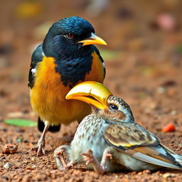 A clever Myna bird, with a mischievous expression, triumphantly removes a shimmering golden shell beak from an unconscious Sparrow