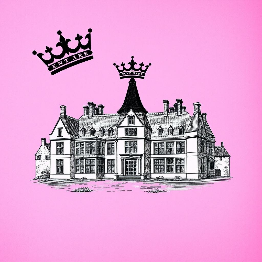 A pink textured background with an intricate engraving of an English manor, showcasing elegant architectural details