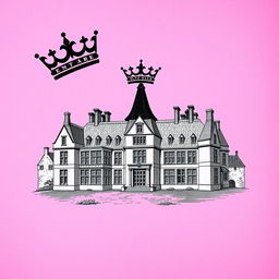 A pink textured background with an intricate engraving of an English manor, showcasing elegant architectural details