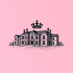 A pink textured background with an intricate engraving of an English manor, showcasing elegant architectural details