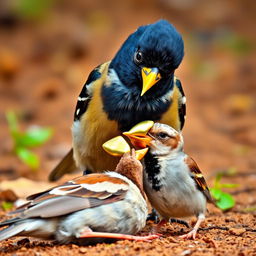 A clever Myna bird, with a mischievous expression, triumphantly removes a shimmering golden shell beak from an unconscious Sparrow