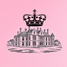 A pink textured background with an intricate engraving of an English manor, showcasing elegant architectural details