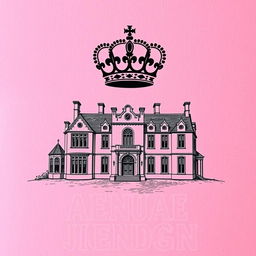 A pink textured background with an intricate engraving of an English manor, showcasing elegant architectural details