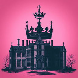 A pink background with an eerie atmosphere, featuring an intricate engraving of an English manor