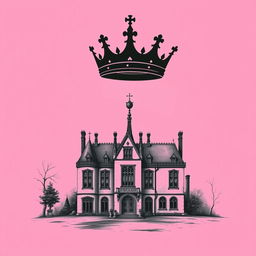 A pink background with an eerie atmosphere, featuring an intricate engraving of an English manor