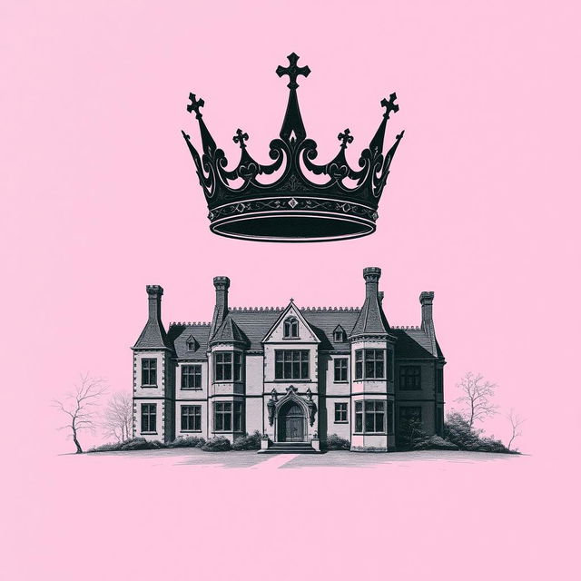 A pink background with an eerie atmosphere, featuring an intricate engraving of an English manor