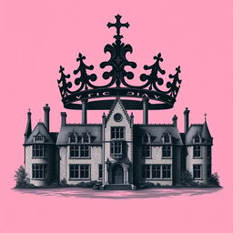 A pink background with an eerie atmosphere, featuring an intricate engraving of an English manor